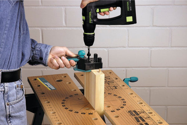 Wolfcraft Doweling Jig in Action: Drilling Wood for a Precise Woodworking Joint