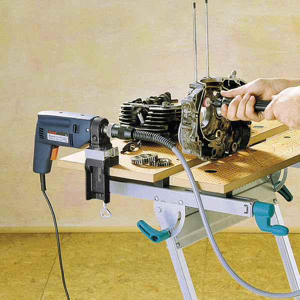 WOLFCRAFT Drill Clamp on Workbench: Power Drill & Engine Repair Tool