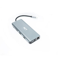 RCT compact 12-in-1 USB Type C hub with 2 HDMI; 1 VGA; 3 USB 3.0; 1 USB 2.0; 1 RJ45; PD; Audio; SD & microSD card reader.