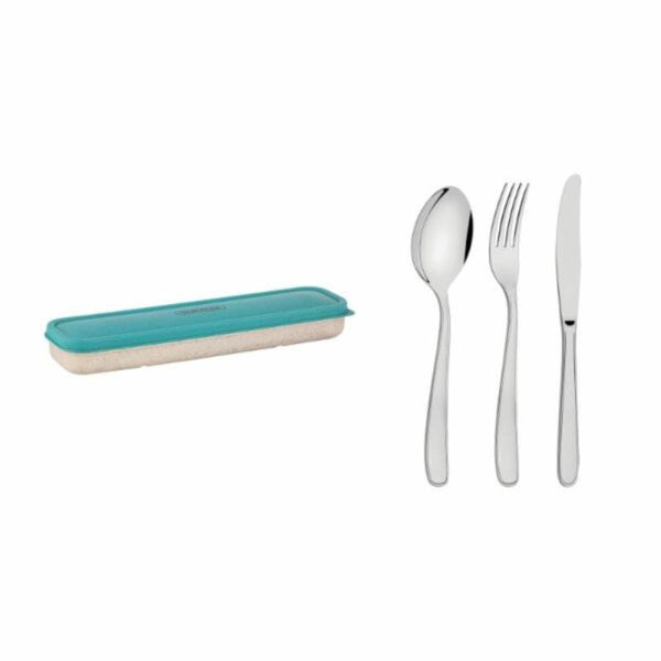 Tramontina Portable Flatware Set: Green Case, Stainless Steel Spoon, Fork, Knife - Travel Utensils