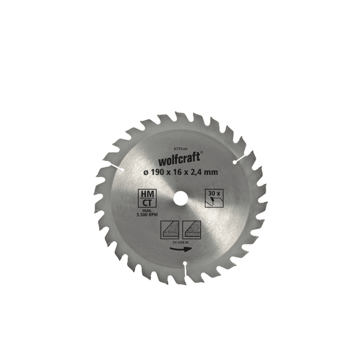 Wolfcraft 190mm TCT Circular Saw Blade for Wood & Chipboard, 30 Teeth, Alternate Tooth Design