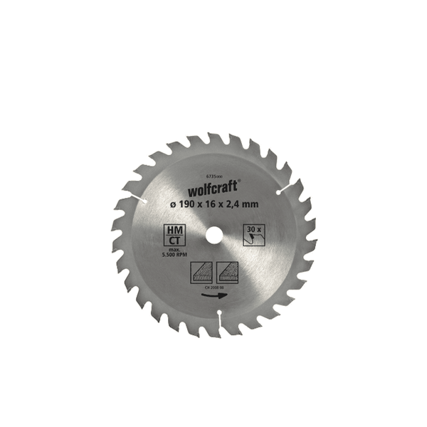 Wolfcraft 190mm TCT Circular Saw Blade for Wood & Chipboard, 30 Teeth, Alternate Tooth Design