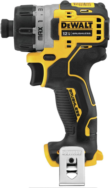 DEWALT 12V MAX Brushless Cordless Impact Driver - Compact Power Tool, Yellow & Black, Close-Up View