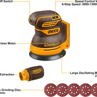 INGCO 20V Cordless Orbital Sander 125mm - Tool Only - Brushless Motor