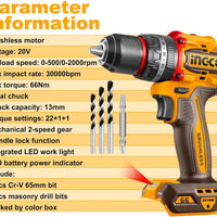INGCO 20V Impact Drill Brushless - Powerful Power Tool 66Nm Torque