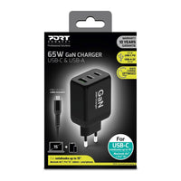 PORT 65W GaN Charger: USB-C & USB-A Wall Charger for Notebooks, Tablets, & Smartphones. 10 Year Warranty.