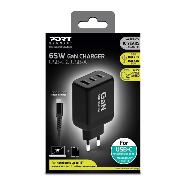 PORT 65W GaN Charger: USB-C & USB-A Wall Charger for Notebooks, Tablets, & Smartphones. 10 Year Warranty.