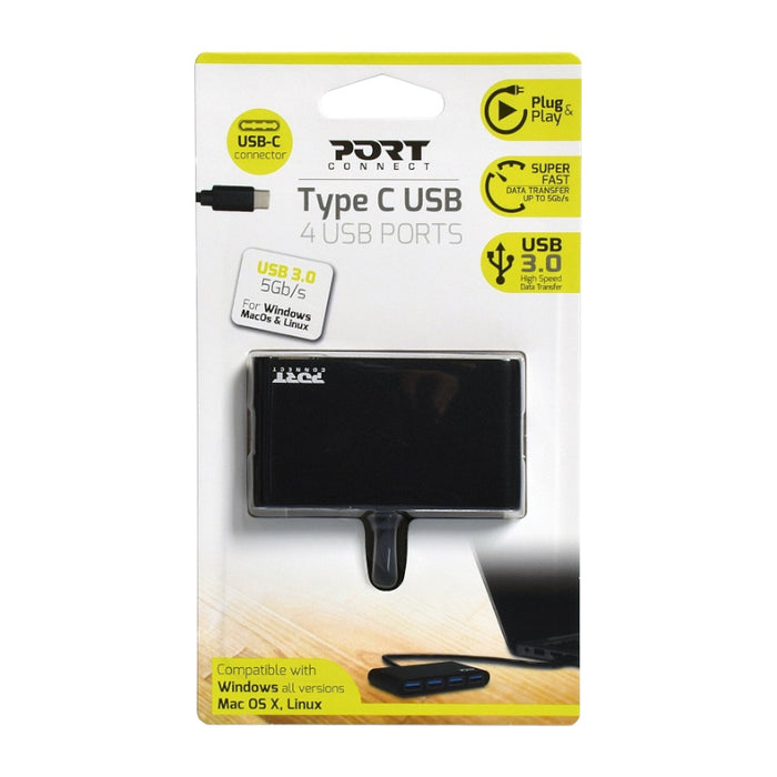Port USB Type-C to 4 x USB3.0 5Gbps 30cm 4 Port Hub - Black-900123