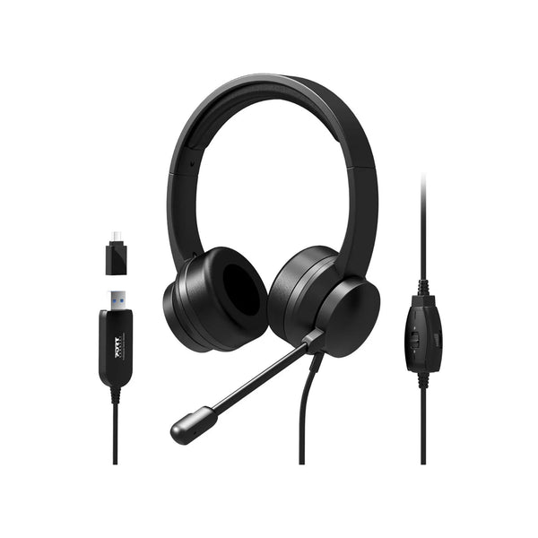 Port Connect USB Headset 1.8m Cable with Mic and Padded/Soft Cushions Black