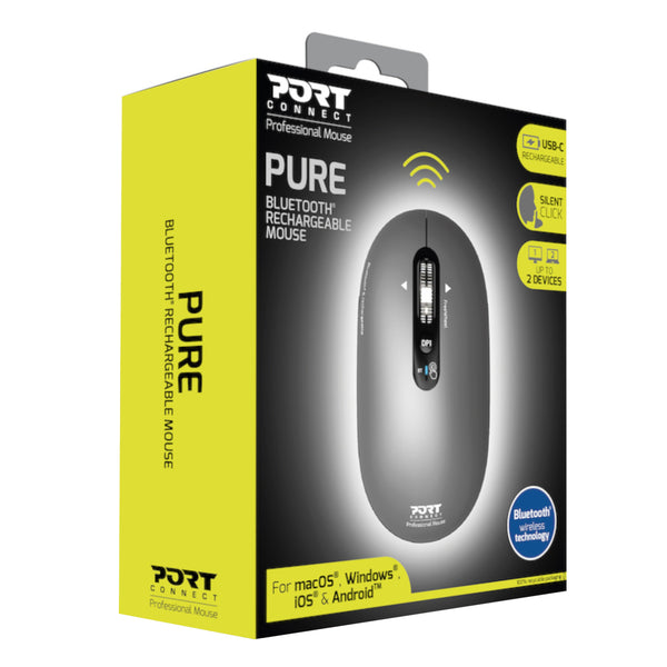 Port Connect PURE Bluetooth Rechargeable Mouse: Wireless, Silent Click, USB-C Charging for macOS, Windows, iOS & Android