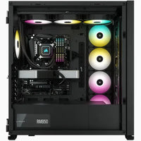 Gaming PC Build: Interior view of computer case with Corsair components, RGB lighting, and high-performance parts.