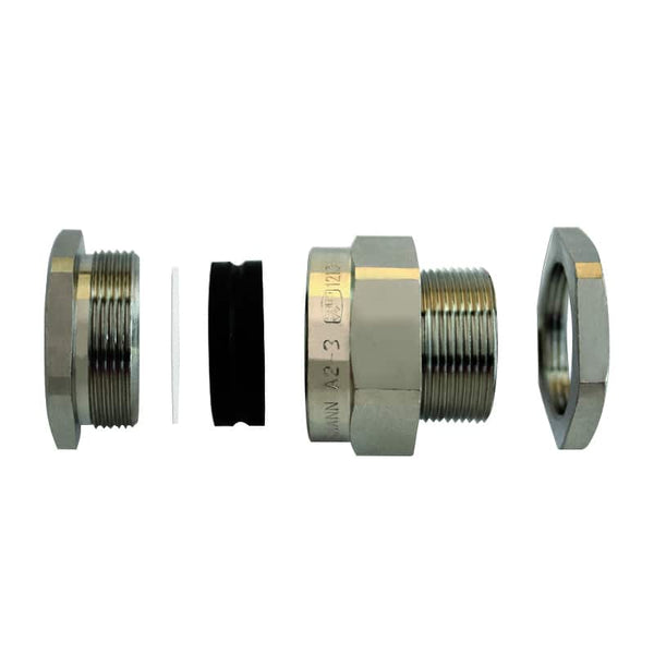Cable Gland A2 Compression No 1 Exploded View: Metal components, rubber seal, washer. High-quality cable management solution.
