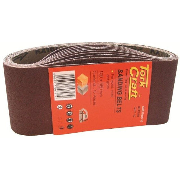 Tork Craft Sanding Belts 100x560mm Medium Grit 80 - 10 Pack for Wood, Metal, Glass Sanding.