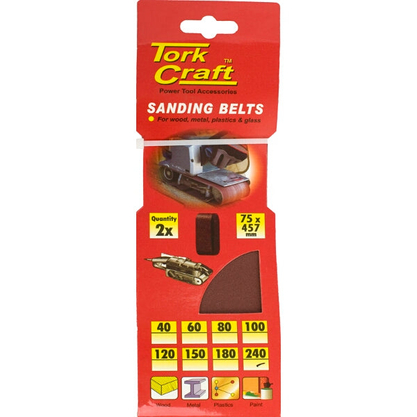 Tork Craft Sanding Belt 75x457mm 240 Grit 2-Pack, Power Tool Accessory, Wood Metal Sanding