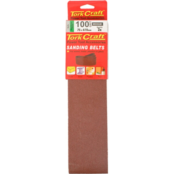 Tork Craft Sanding Belts 75x610mm 100 Grit 2 Pack Belt Sander Accessories Wood Metal