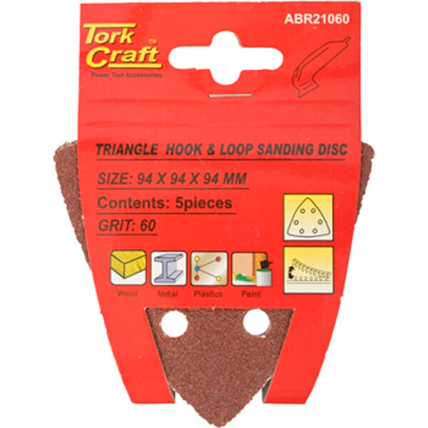 Tork Craft Triangle Sanding Disc 60 Grit, 94mm - 5 Pack. Hook & Loop Sandpaper for Wood, Metal, Plastic, Paint.
