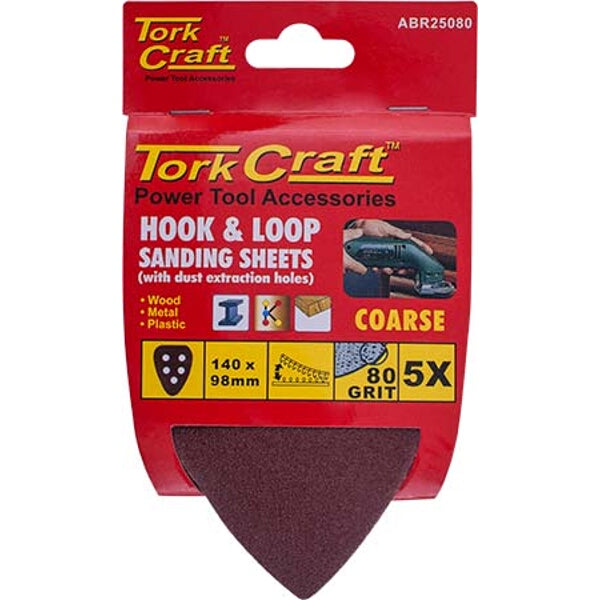 Tork Craft Hook & Loop Sanding Sheets, 80 Grit, Triangle, 140x98mm, 5-Pack, Power Tool Accessories for Wood, Metal & Plastic