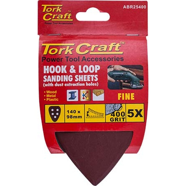 Tork Craft Triangle Sanding Sheets, 400 Grit, Hook & Loop, 5-Pack. Sandpaper for Wood, Metal, & Plastic
