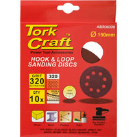 TorkCraft 150mm Sanding Discs 320 Grit, Hook & Loop, 10 Pack. Orbital Sander Compatible.