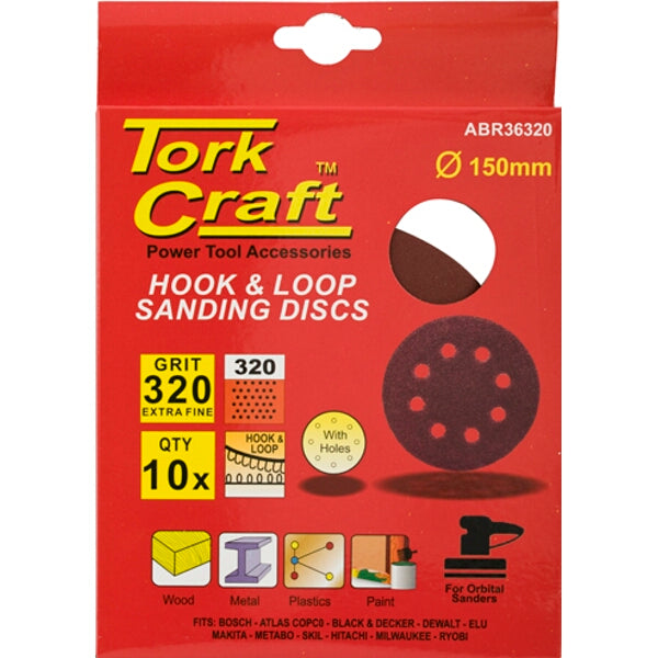 TorkCraft 150mm Sanding Discs 320 Grit, Hook & Loop, 10 Pack. Orbital Sander Compatible.