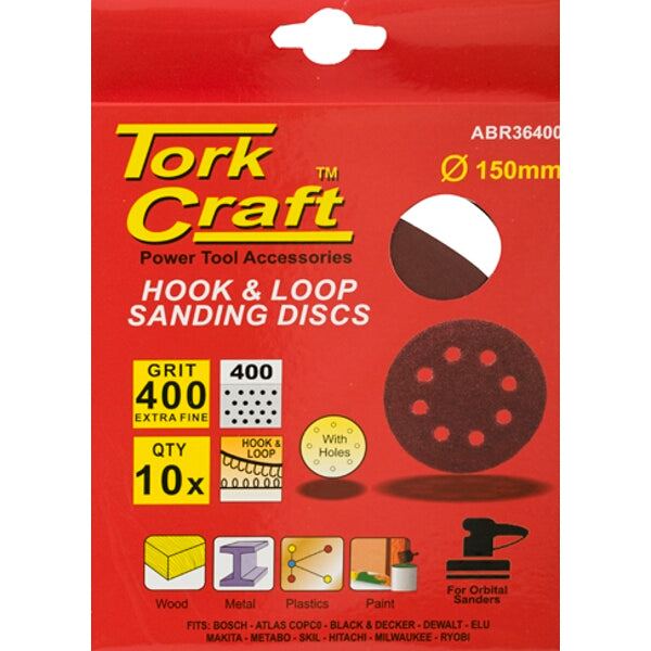 Tork Craft 150mm Sanding Discs, 400 Grit, Hook & Loop, with Holes, 10 Pack - Fine Sanding for Wood, Metal, & Plastics