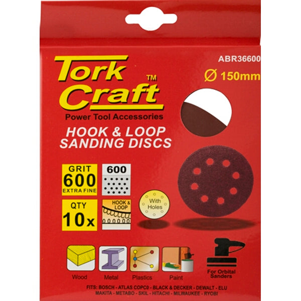 Tork Craft 150mm Sanding Discs, 600 Grit, Hook & Loop, 10 Pack. Extra Fine Sandpaper for Wood, Metal, Plastics, Paint.