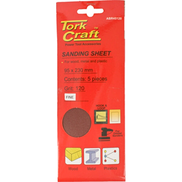 Tork Craft Sanding Sheet 95x230mm 120 Grit, 5 Pieces - For Wood, Metal, Plastic. Hook & Loop Backing. Shop now!