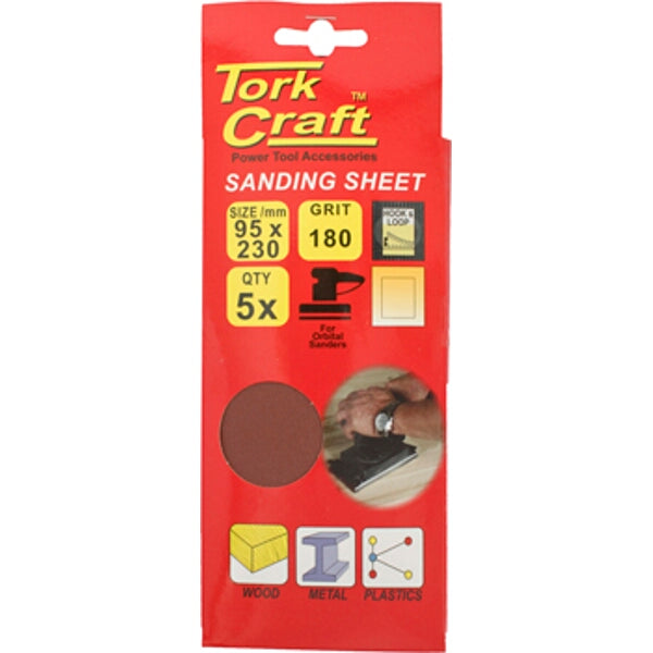 Tork Craft Sanding Sheet 95x230mm, 180 Grit, Hook & Loop, 5 Pack. For Wood, Metal & Plastics. Orbital Sander Accessories