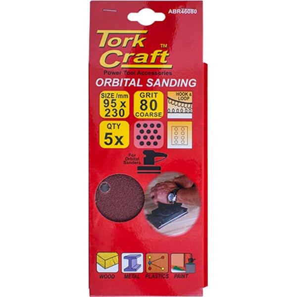 Tork Craft Orbital Sanding Sheets 95x230mm, 80 Grit, 5 Pack - Wood & Metal Sanding