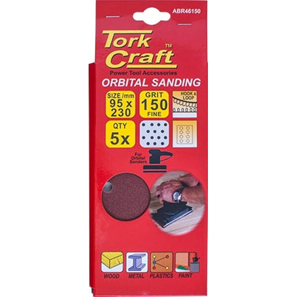 Tork Craft Orbital Sanding Sheets 95x230mm, 150 Grit, 5 Pack. Sandpaper for Wood & Metal Sanders