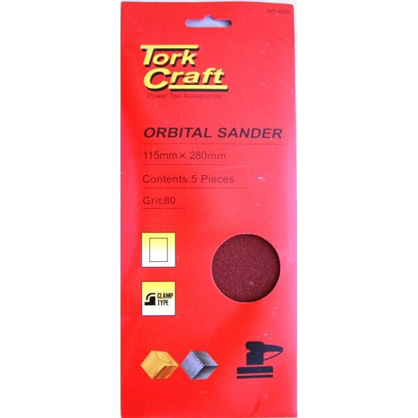 Tork Craft Orbital Sander Sheets - 115x280mm, Grit 80, 5 Pieces. Plain Backing, No Holes - Sanding Wood/Metal