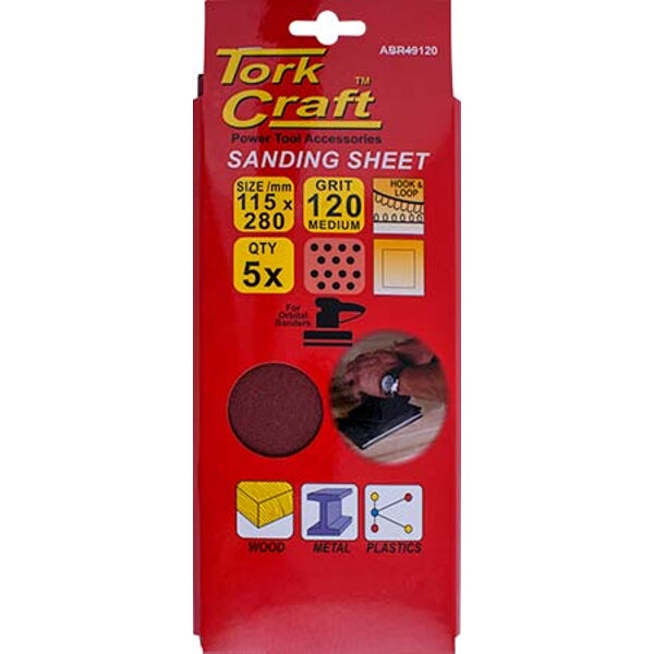 Tork Craft Sanding Sheets 115x280mm, 120 Grit, Hook & Loop, Orbital Sander