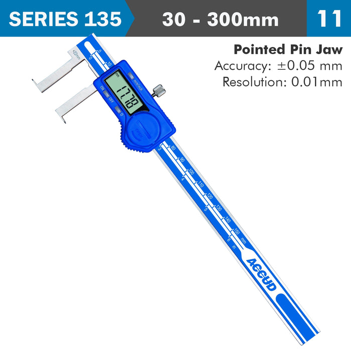 Accud Digital Inside Neck Caliper: 30-300mm Range, 0.01mm Resolution, Precision Measurement Tool.