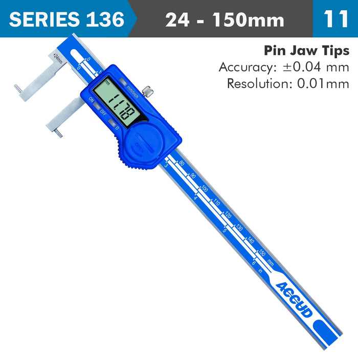 ACCUD Digital Inside Point Caliper: 24-150mm, 0.04mm Accuracy. Precision Measurement Tool for Internal Diameters.