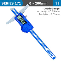 Accud Digital Depth Gauge, 200mm, ±0.03mm Accuracy, 0.01mm Resolution. Precise Depth Measurement Tool.