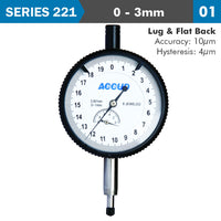 Accud Dial Indicator 3 Mm 0.001 Mm Grad. Lug&Flat Back Ac221 003 01