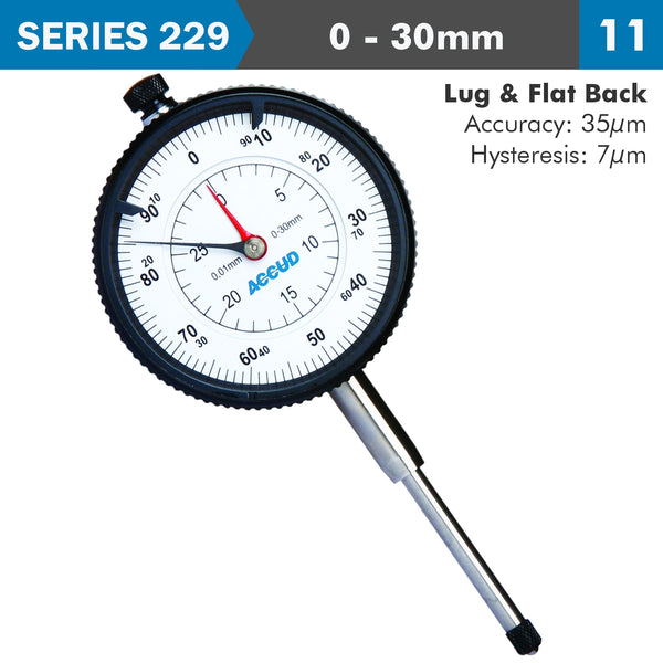Accud Dial Indicator 30 Mm 0.01 Mm Grad. Lug&Flat Back Ac229 030 11