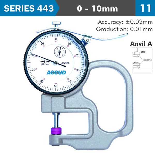 ACCUD THICKNESS GAUGE 10MM 0.02MM ACC. CERAMIC ANVIL 0.01MM GRAD. AC443-010-11