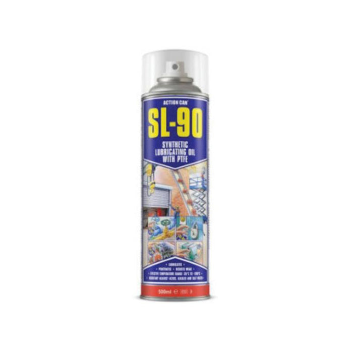 Action Can SL-90 synthetic lubricating oil with PTFE spray. Industrial lubricant for machinery, automotive, & home use.