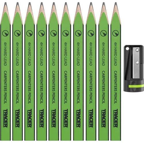 TRACER 4H Carpenters Pencils 10pc - c/w Sharpener - 10-ACP1