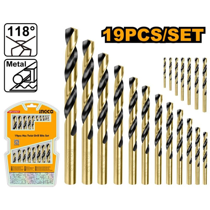 INGCO 19-Piece HSS Twist Drill Bits Set for Metal Drilling - Premium Quality