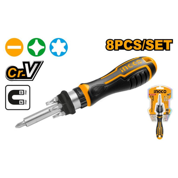 INGCO Screwdriver Ratchet 8-Piece Set, Multi-Bit Precision Hand Tool with Magnetic Tips & Comfortable Grip for DIY Projects