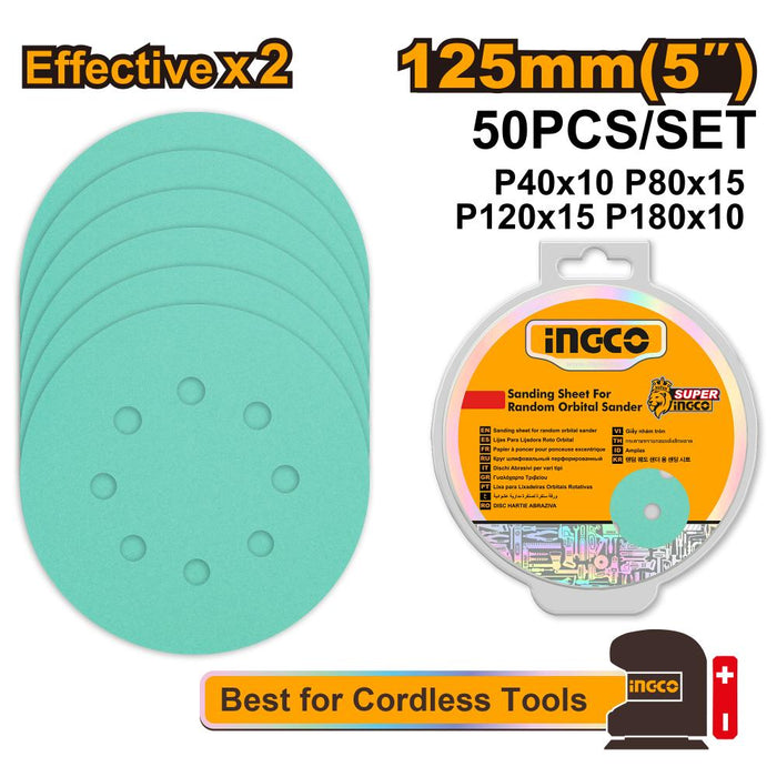 INGCO 125mm Sanding Discs - 50 Pcs Orbital Sander Pads - P40, P80, P120, P180 Grit Set