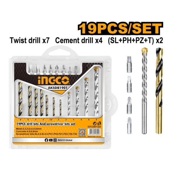INGCO AKSDB1901: 19-Piece Drill & Screwdriver Bit Set. Metal, Concrete, Screwdriver Bits Included.