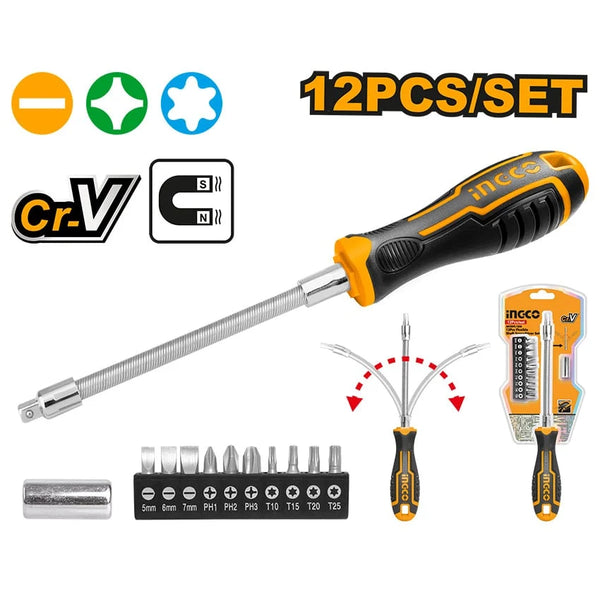 Ingco | Screwdriver Set Flexible Shaft (12 Piece) - AKSDFL1208