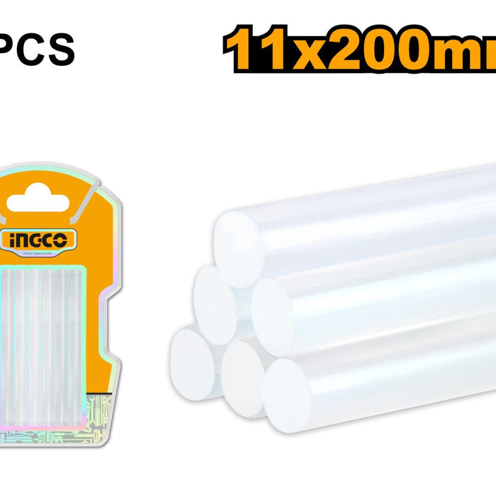 INGCO Glue Sticks 11x200mm - 6 Pcs Hot Melt Adhesive Refill for Glue Gun. Reliable Bonding & Crafting Supplies