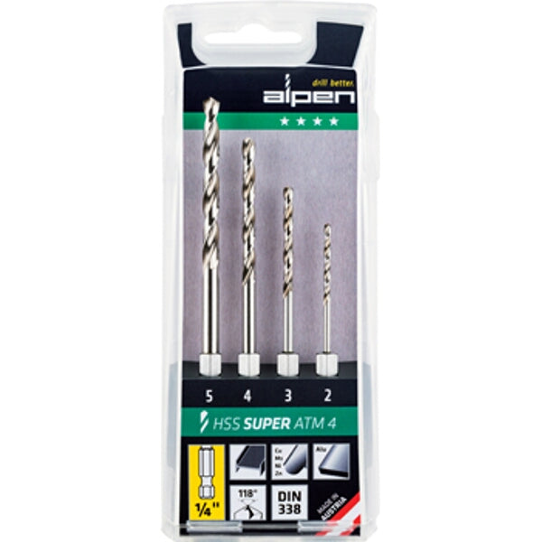 Alpen HSS Metal Drill Bit Set, Hex Shank, 4 Piece (2mm, 3mm, 4mm, 5mm) - High Speed Steel Bits for Metal Drilling