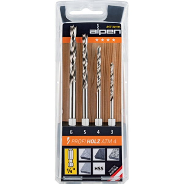 Alpen Profi Holz ATM 4 Wood Drill Bit Set - 3, 4, 5, 6mm HSS - Woodworking Tools