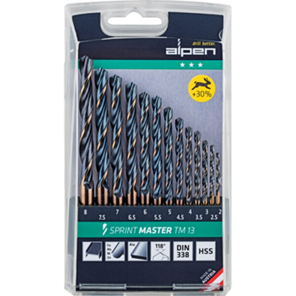 Alpen HSS Drill Bit Set, 13-Piece (2-8mm). High-Speed Steel Twist Drill Bits. Premium Metal Drilling Power!