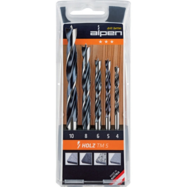 Alpen Wood Drill Bit Set - 5 Piece (4mm, 5mm, 6mm, 8mm, 10mm) - Premium Woodworking Drill Bits